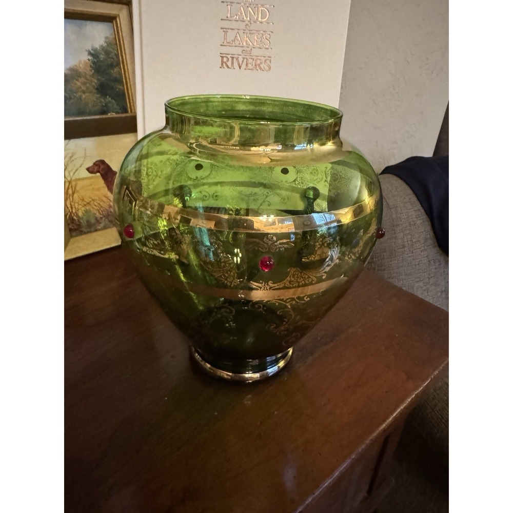 Antique Bohemian Green Glass Vase Gold‎ Gilt & Red Cabochon Jeweled Art Glass 8"